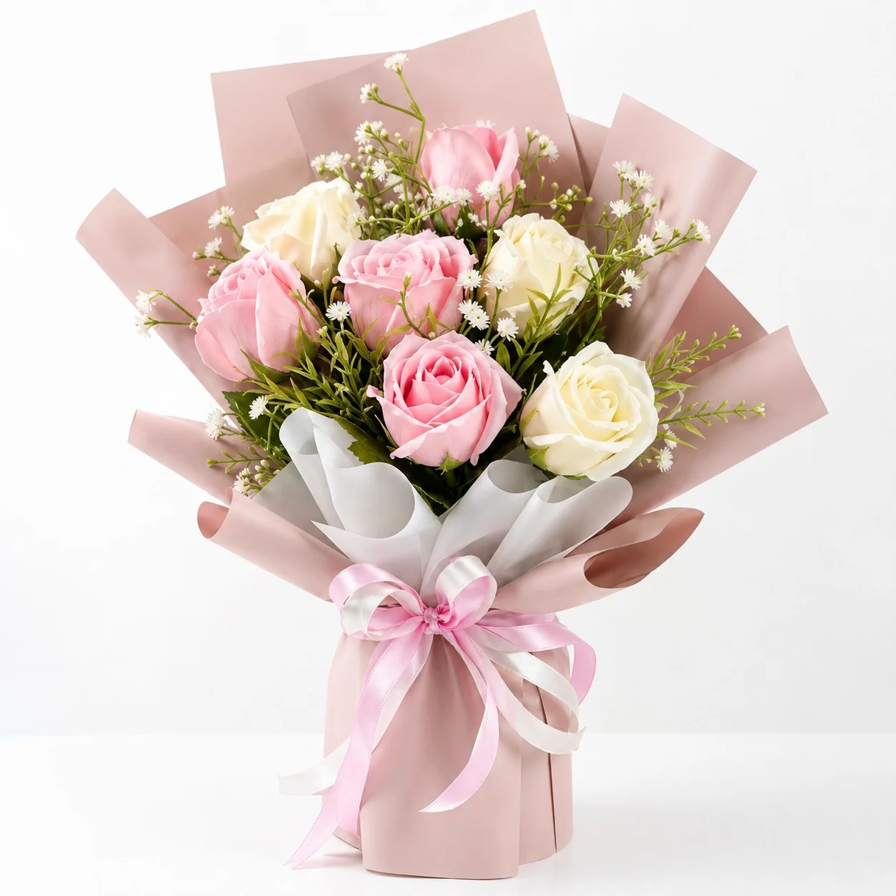 Sweet Harmony 7 white and pink rose bouquet beautifully wrapped for Girlfriend's Day and romantic flower gift delivery